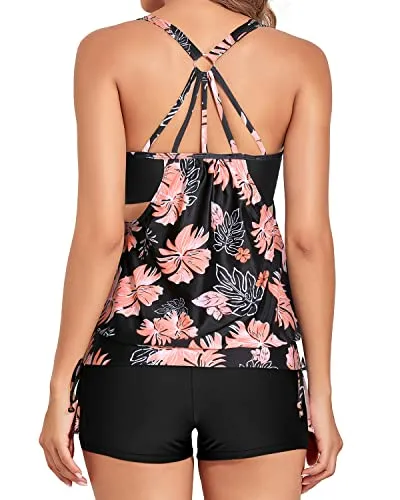 2 Piece Bathing Suits For Women With Sporty Boy Shorts Tummy Control-Black And Orange Floral