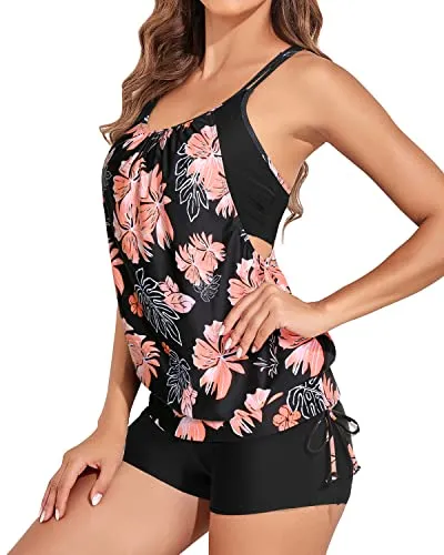 2 Piece Bathing Suits For Women With Sporty Boy Shorts Tummy Control-Black And Orange Floral