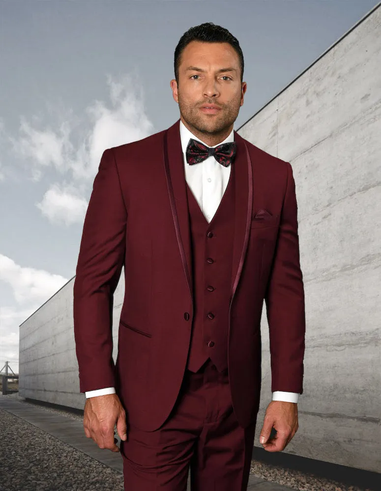 3 Pc Flat Front Pants With Matching Bow Tie| CAESAR| Burgundy