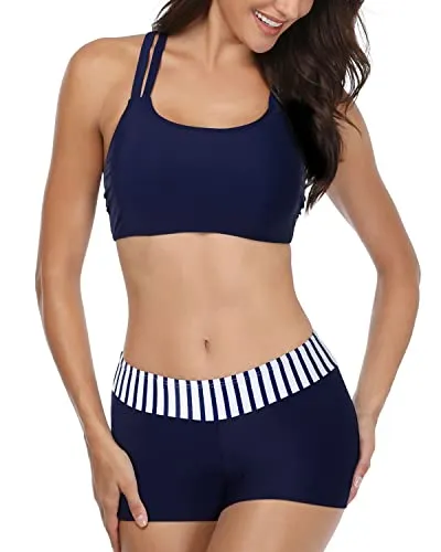 3 Piece Tankini Bathing Suits Boy Shorts For Teens-Blue White Stripe