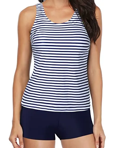 3 Piece Tankini Bathing Suits Boy Shorts For Teens-Blue White Stripe