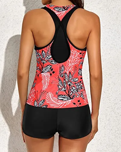 3 Piece U-Neck Tankini Top Shorts For Women-Red Floral