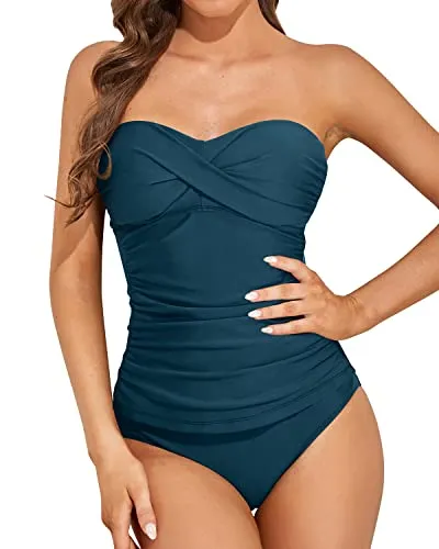 Adjustable Strapless Bandeau Tankini Bathing Suits For Women-Teal