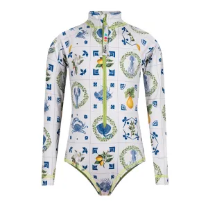 Amalfi Coast Girls Long Sleeve Bodysuit Rash Guard With Zipper