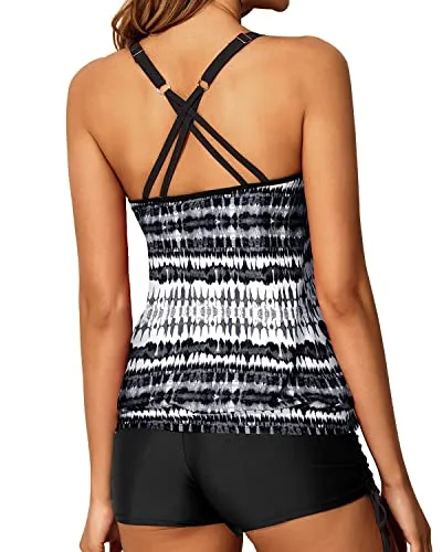 Athletic Blouson Tankini Swimsuits Two Piece Strappy Bathing Suit Tops Shorts-Black And White Tribal