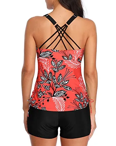 Athletic Style Tummy Control Tankini Shorts For Women-Red Floral