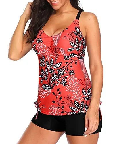 Athletic Style Tummy Control Tankini Shorts For Women-Red Floral