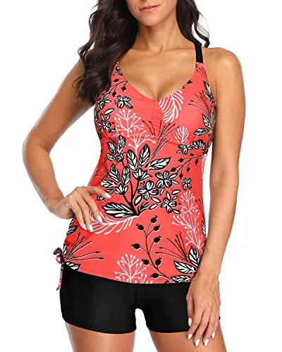 Athletic Style Tummy Control Tankini Shorts For Women-Red Floral