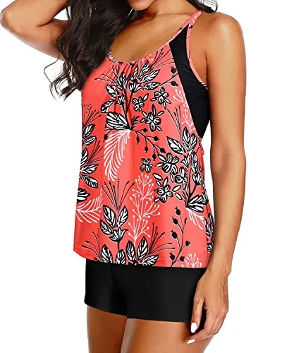 Athletic Tank Top Boy Shorts Two Piece Tankini Swimsuits For Women-Red Floral