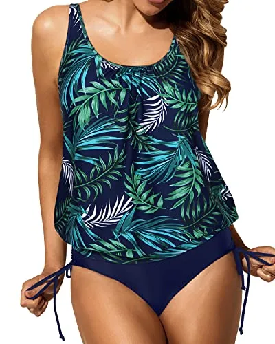 Athletic Two Piece Blouson Tankini Swimsuits For Women Tummy Control Bathing Suits-Blue Leaf