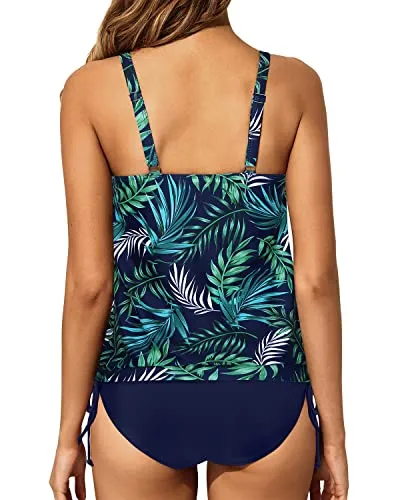 Athletic Two Piece Blouson Tankini Swimsuits For Women Tummy Control Bathing Suits-Blue Leaf