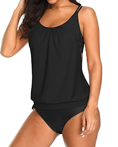 Blouson Tankini Sets Tie Side Shorts Layered Swimsuits For Women-Black