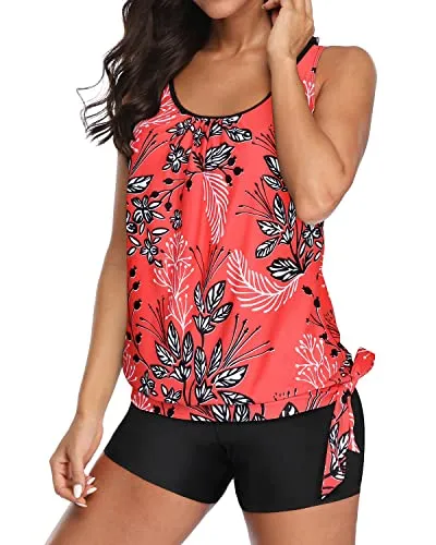 Blouson Tankini Top Shorts Tummy Control Tankini Bathing Suit For Women-Red Floral