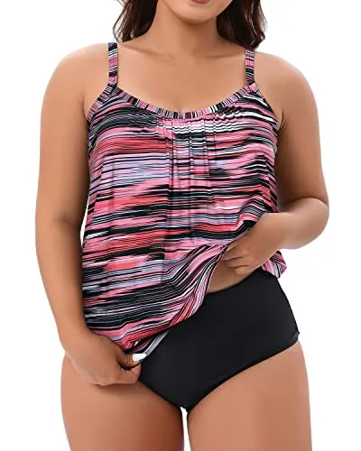 Blouson Tankini Tops With Swim Bottoms For Women-Pink Stripe