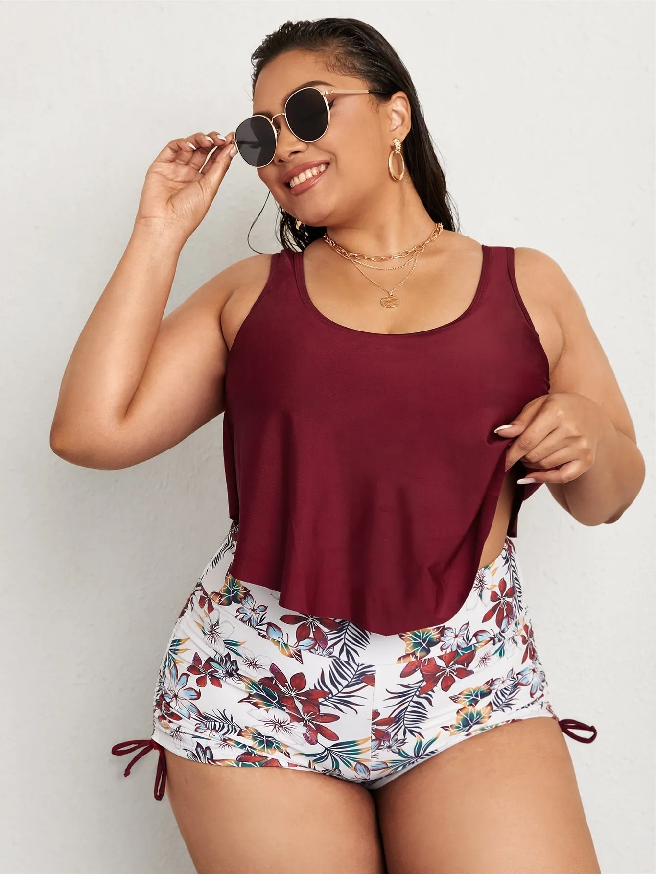 Boho Tropical Exaggerated Ruffle Scoop Neck Plus Size Tankini