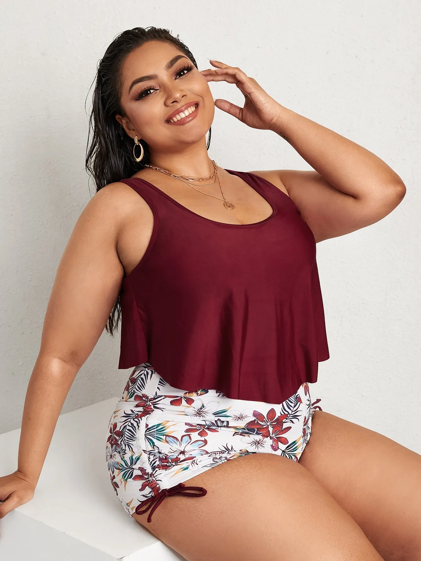 Boho Tropical Exaggerated Ruffle Scoop Neck Plus Size Tankini