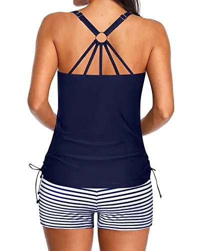 Comfortable Modest Tankini Strappy Back And Boy Shorts For Women-Blue And White Stripes