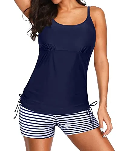 Comfortable Modest Tankini Strappy Back And Boy Shorts For Women-Blue And White Stripes