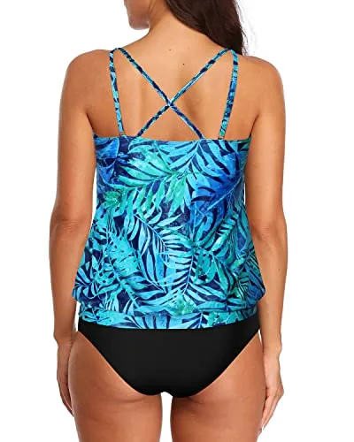 Comfortable Women's Blouson Tankini Swimsuits No Show Cleavage-Dark Blue Green Leaves