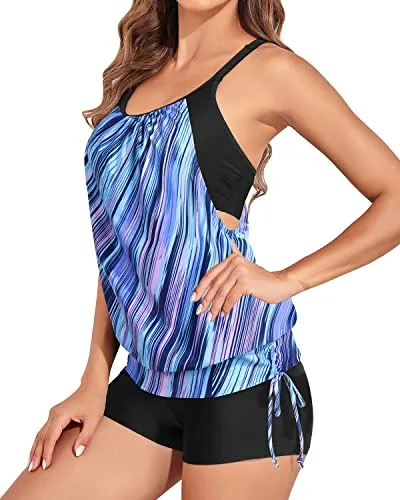 Criss Cross Bathing Suits For Women With Full Coverage Sporty Swim Shorts-Blue And Black Stripe