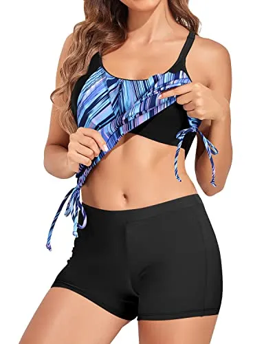 Criss Cross Bathing Suits For Women With Full Coverage Sporty Swim Shorts-Blue And Black Stripe