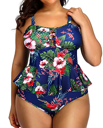 Criss Cross Design Plus Size Swimsuits For Women-Blue Floral