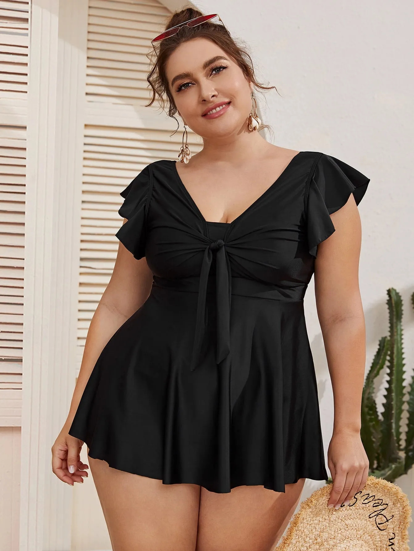 Cute Plain Ruffle Scoop Neck Plus Size Tankini