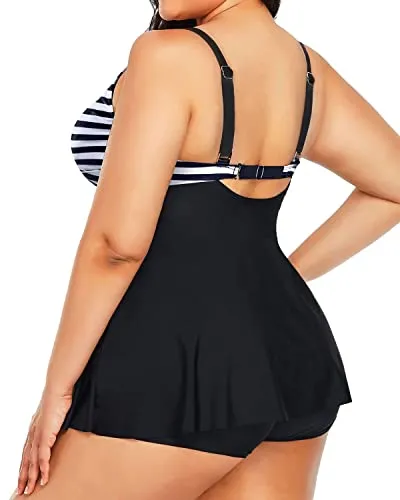 Flowy Plus Size Tankini For Elegant Neck And Curvy Bust Women-Black And White Stripe