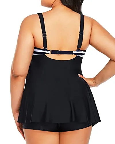 Flowy Plus Size Tankini For Elegant Neck And Curvy Bust Women-Black And White Stripe