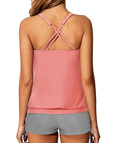 Full Coverage Adjustable Shoulder Straps Womens Blouson Tankini Swimsuits-Coral Pink Stripe