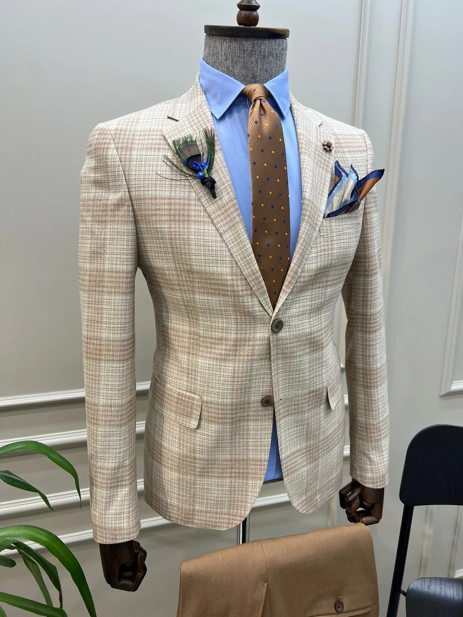 Giovanni Mannelli Slim Fit Striped Beige Suit