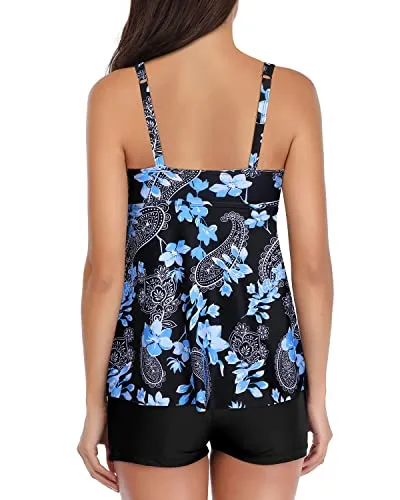 Girls Tankini With Shorts Two Piece Tummy Control Bathing Suits-Black Floral