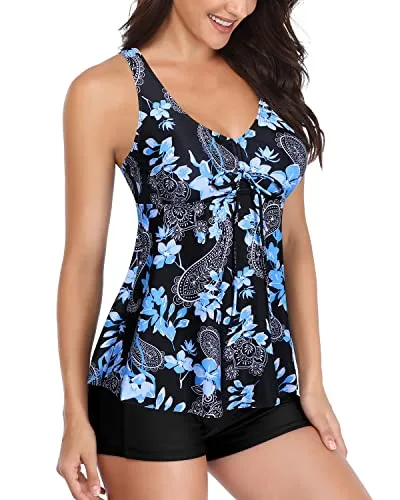 Girls Tankini With Shorts Two Piece Tummy Control Bathing Suits-Black Floral