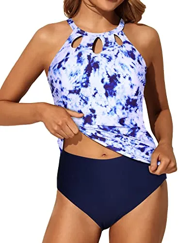 High Neck Swim Top Backless Design Backless Tankini-Blue Tie Dye