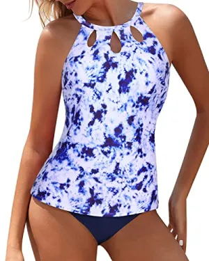 High Neck Swim Top Backless Design Backless Tankini-Blue Tie Dye