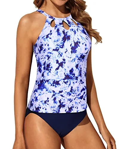 High Neck Swim Top Backless Design Backless Tankini-Blue Tie Dye