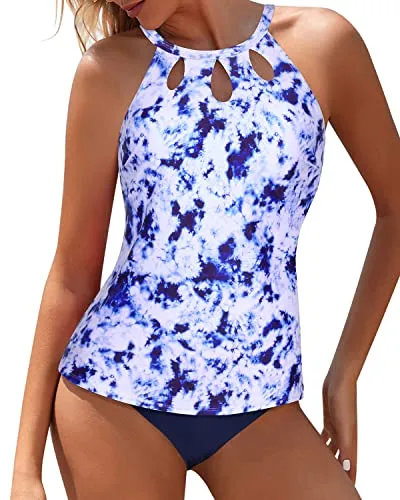 High Neck Swim Top Backless Design Backless Tankini-Blue Tie Dye