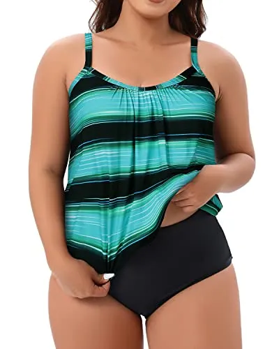 High Waisted Tummy Control Swim Bottom For Women-Green Stripe