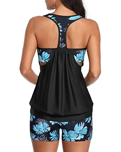 Layered Design Swim Tank Tops Long Swim Shorts For Women-Blue Green Flowers