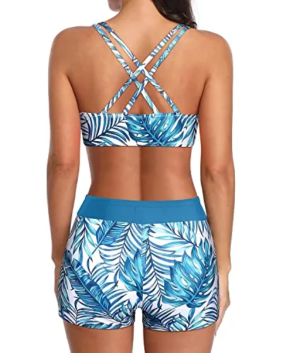 Long Torso Tankini Swimsuit Set With Sports Bra For Women-Blue Leaf