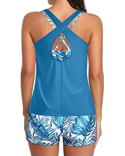 Long Torso Tankini Swimsuit Set With Sports Bra For Women-Blue Leaf