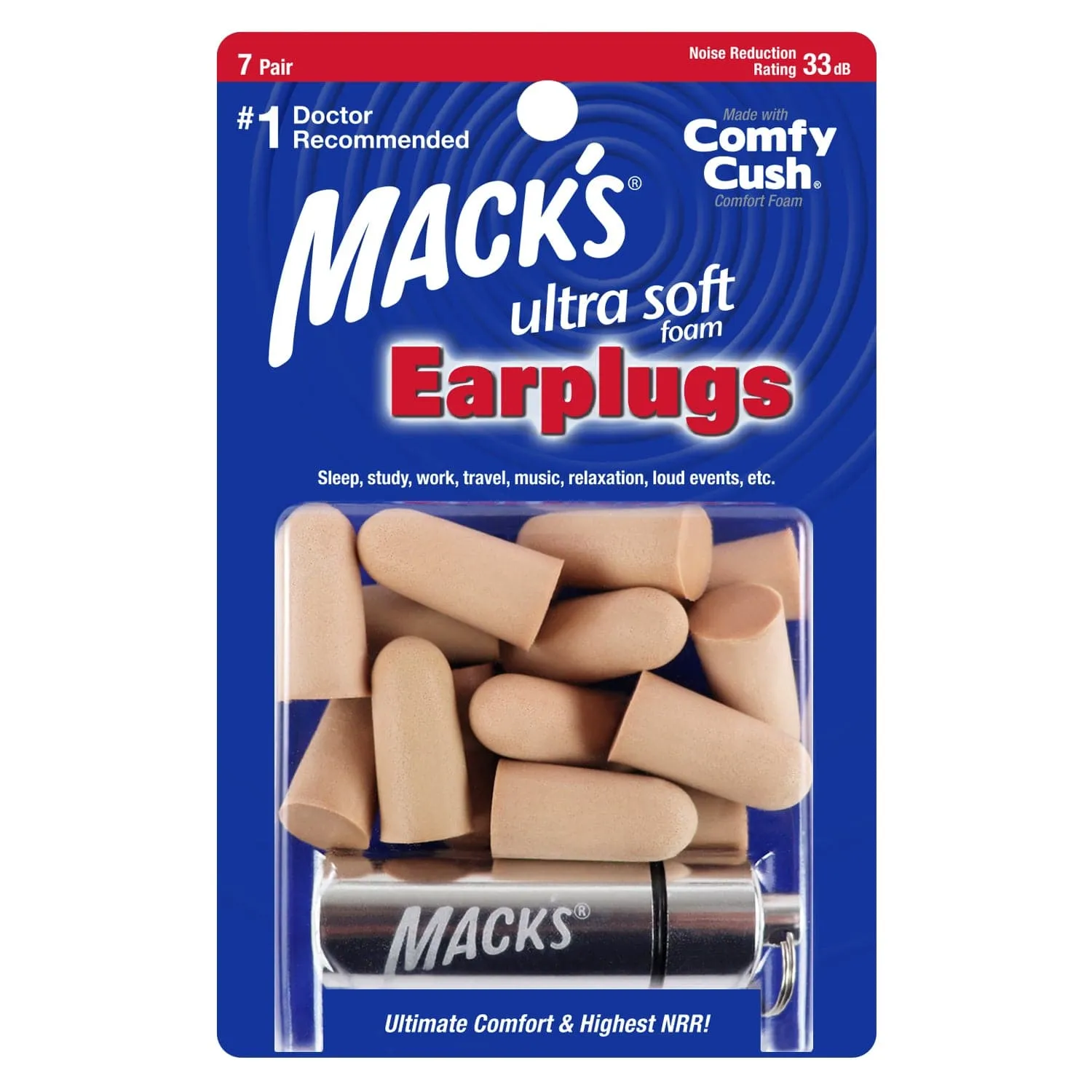 Macks Ultra Soft Foam Ear Plugs (NRR 33 | 7 Pairs w/ Carry Case)