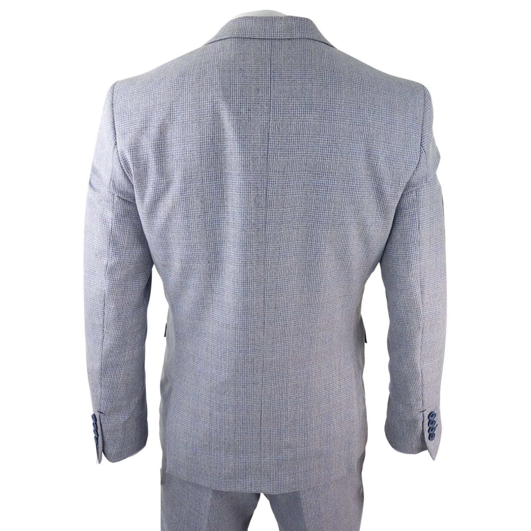 Mens 3 Piece Check Suit Tweed Light Blue Tailored Fit Wedding Peaky Classic