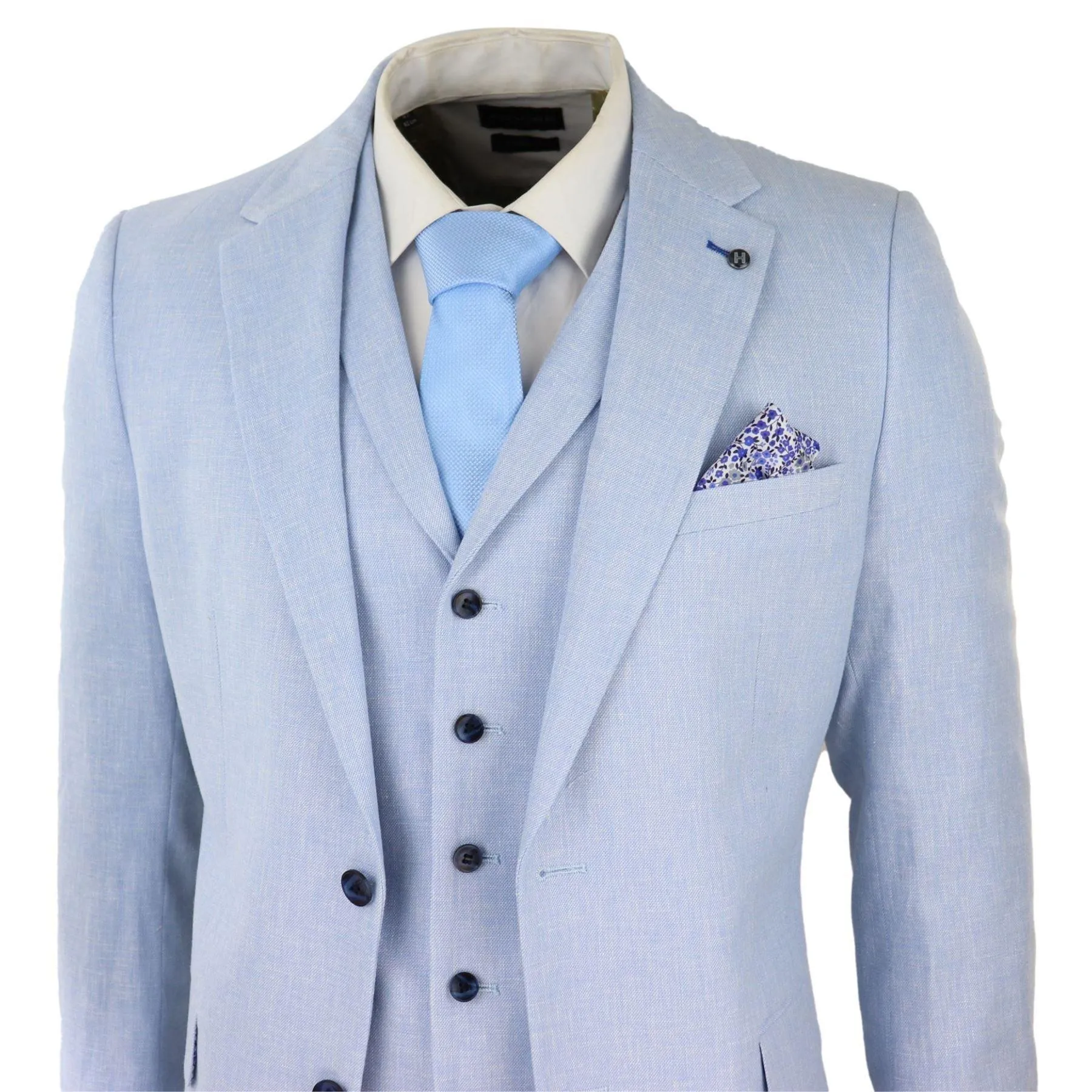 Mens 3 Piece Linen Suit Summer Breathable Wedding Cotton Baby Blue Light