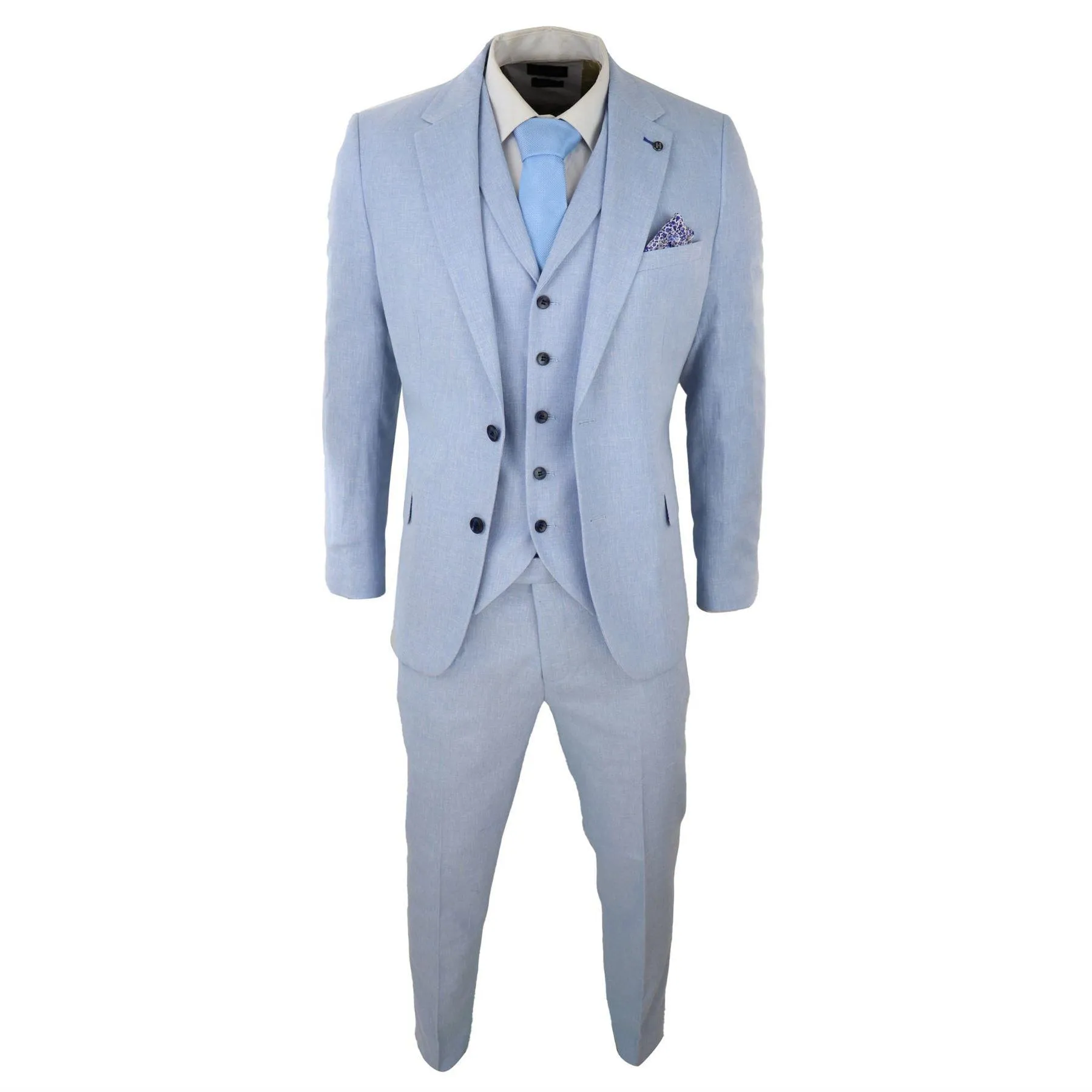 Mens 3 Piece Linen Suit Summer Breathable Wedding Cotton Baby Blue Light