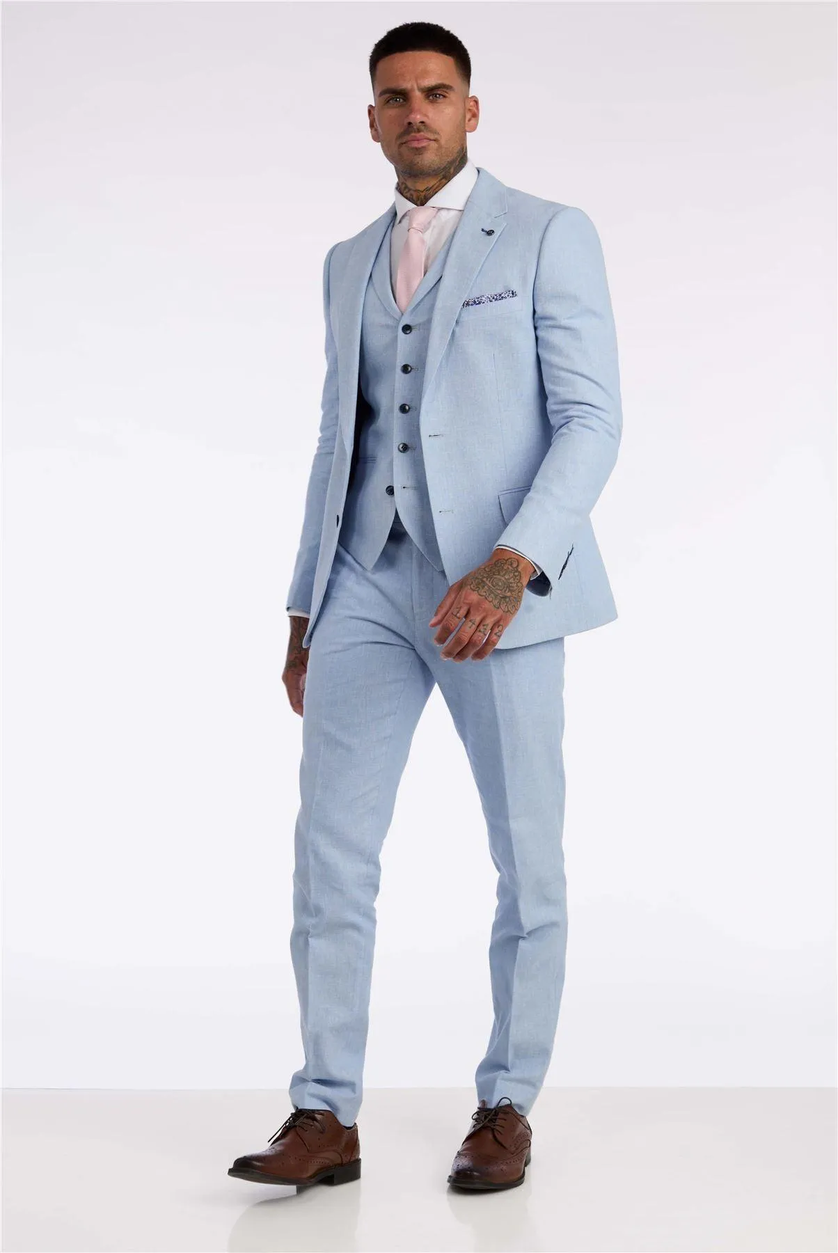 Mens 3 Piece Linen Suit Summer Breathable Wedding Cotton Baby Blue Light