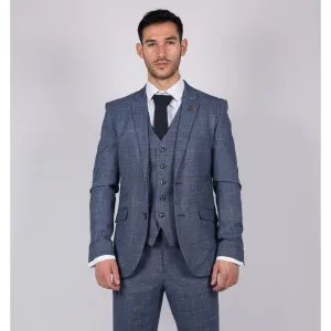 Mens 3 Piece Suit Blue Prince Of Wales Check Tailored Fit Summer Classic Vintage