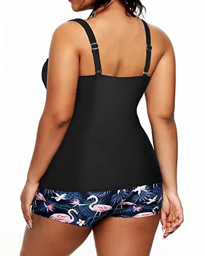 Modest Plus Size Tankini Shorts Swimwear For Women-Black Flamingo