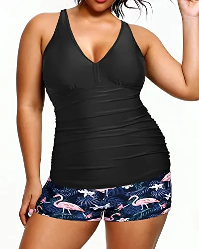 Modest Plus Size Tankini Shorts Swimwear For Women-Black Flamingo