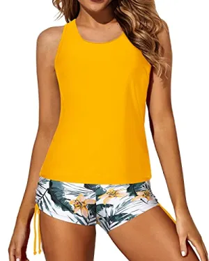 Modest Tankini Top Boy Shorts & Bra Athletic 3 Piece Swimsuits-Yellow And Leaves